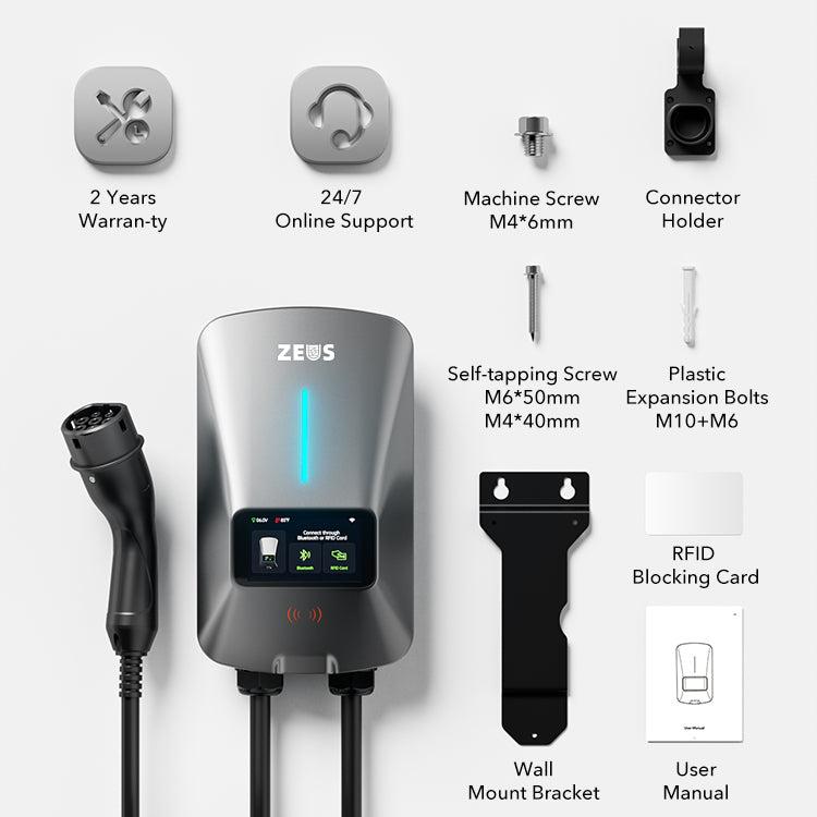Zeus Apex 7kW EV charger with full
wall mount installation kit, RFID card, user manual, and 24/7 support warranty