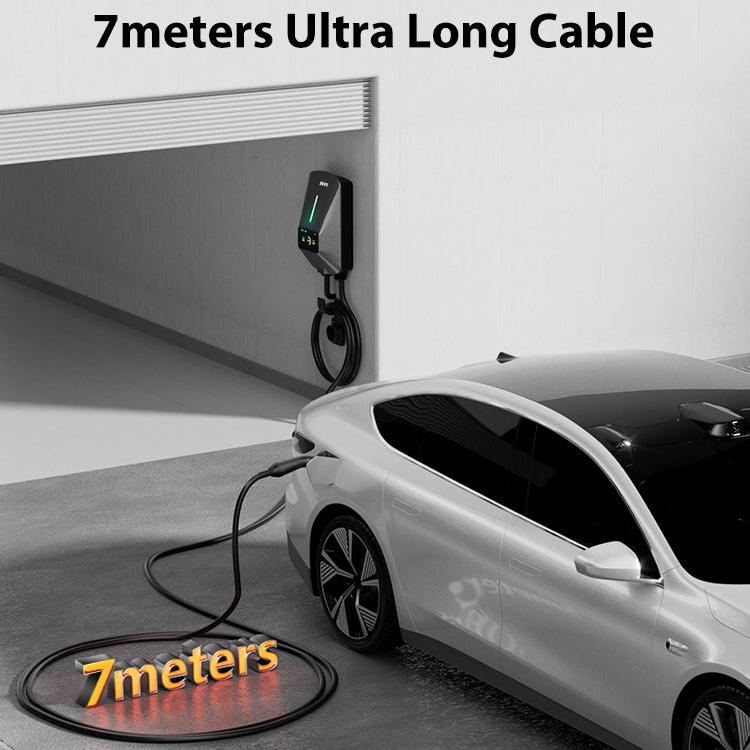 Zeus APEX 7kW EV charger wall-mounted with 7-meter cable installed in garage. Car charging beside unit. ZEUS EVSE - Safeguard Your Charge Up!