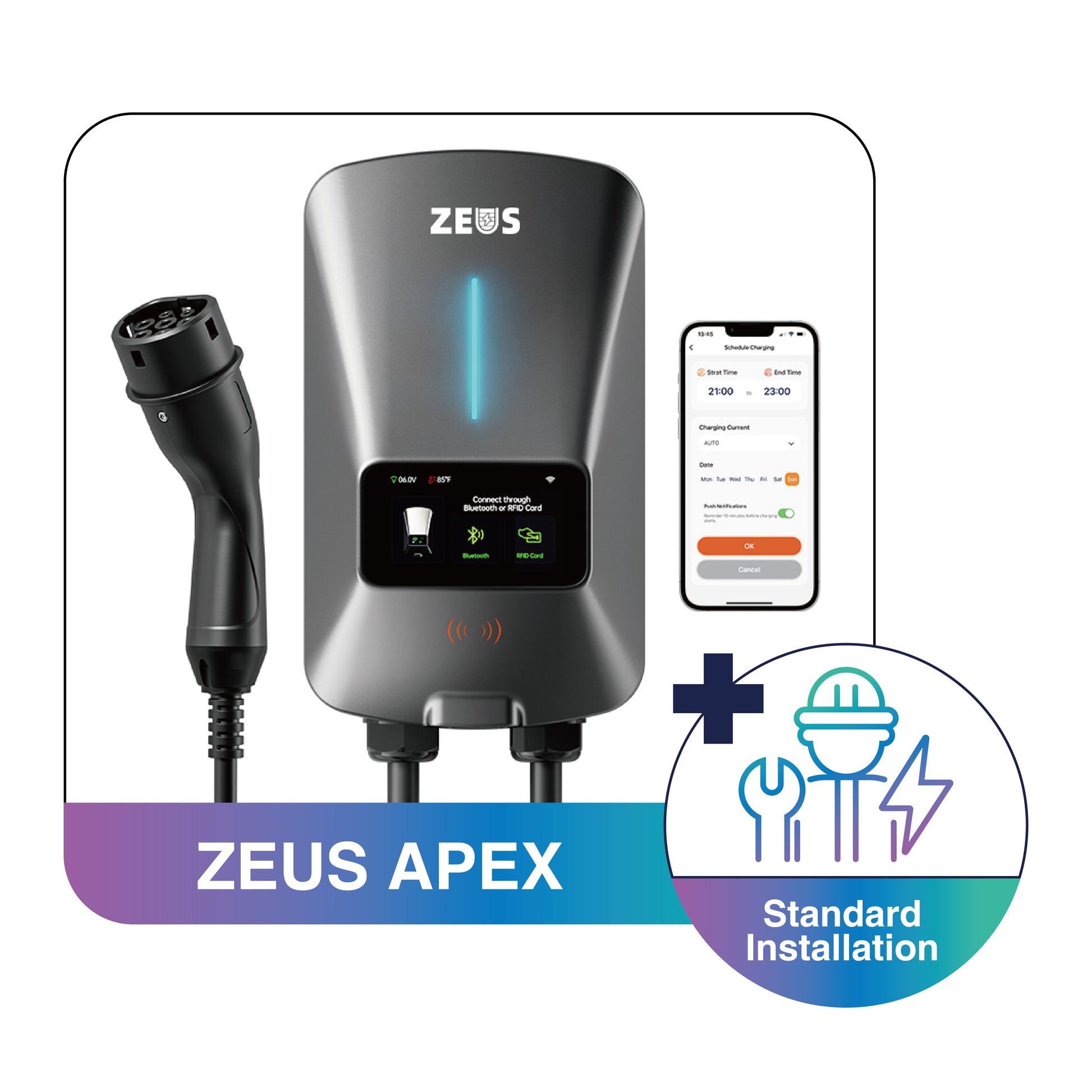 Zeus Apex 7kW EV charger professional installation with wall-mount setup in Australia