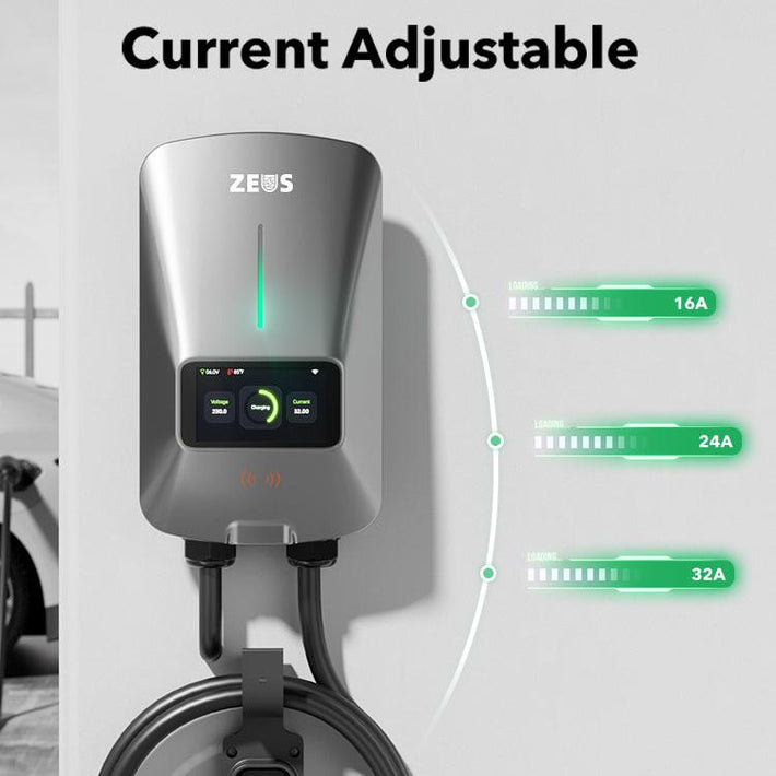 Zeus Apex 7kW EV charger with adjustable charging current settings – 16A, 24A, and 32A options for flexible home installation and energy control