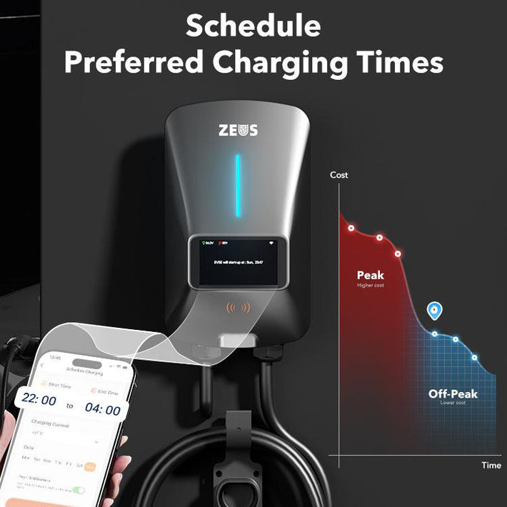 Zeus Apex EV charger with mobile app feature for scheduled charging, allowing users to set charging times for energy efficiency and off-peak rates