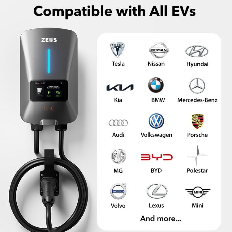 Zeus Apex EV charger compatible with all EV and PHEV brands in Australia, including Tesla, Nissan, Hyundai, Kia, BMW, Mercedes, Audi, VW, Porsche, MG, BYD, Polestar, Volvo, Lexus, Mini, and Smart