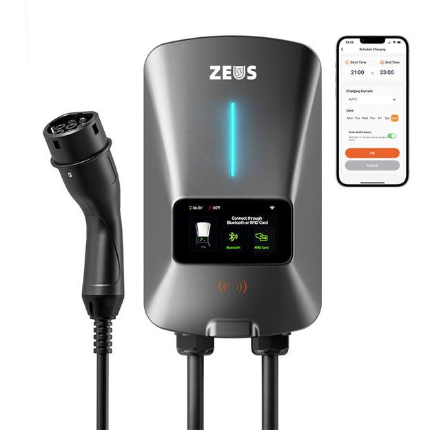 Front view of Zeus Apex 7kW EV charger with mobile app control interface shown on smartphone screen