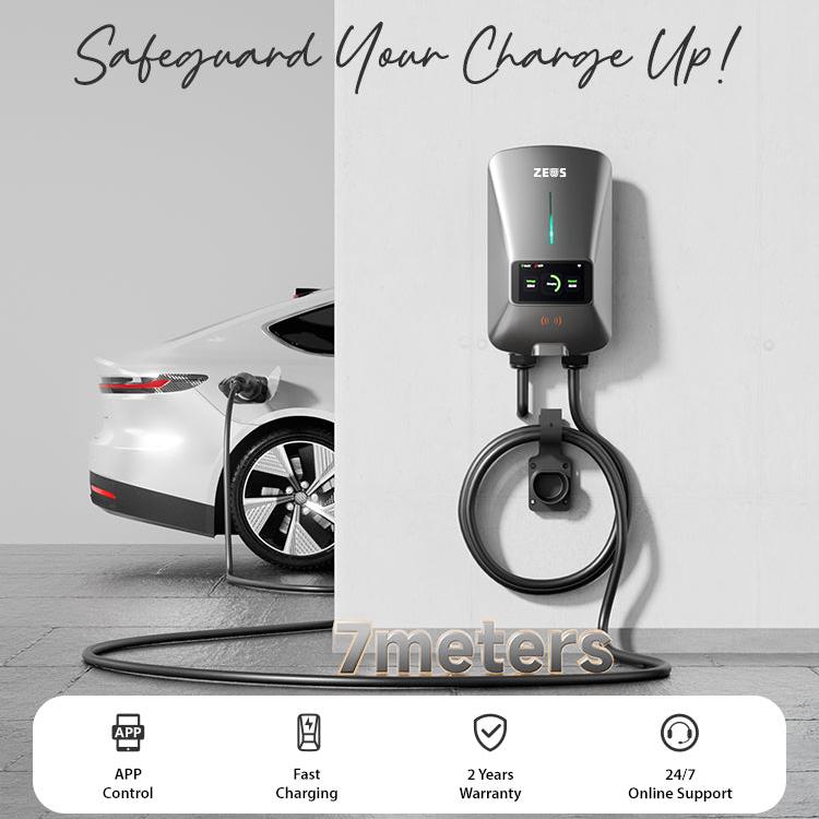 Front view of Zeus Apex EV charger with car charging beside unit, featuring 7-meter cable, app control, 2-year warranty, and slogan 'Safeguard Your Charge Up'