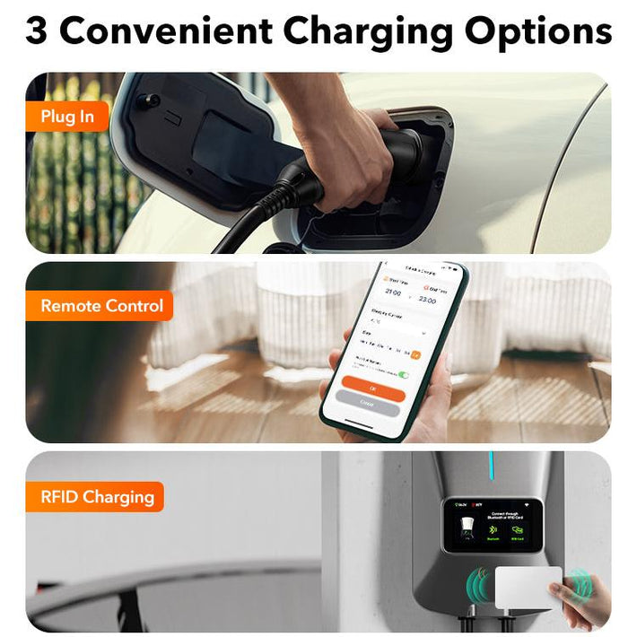 Zeus Apex EV charger supports three charging modes: plug & charge, app-controlled charging, and RFID card authentication for flexible user access