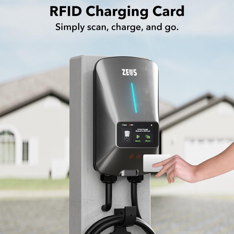 Zeus Apex EV charger unlocking via RFID card scan, featuring 'Simply scan charger and go' for fast, secure EV charging