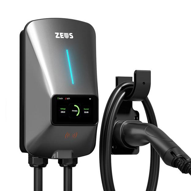 Side view of Zeus Apex 7kW EV charger showing slim profile with smartphone app interface for smart charging control