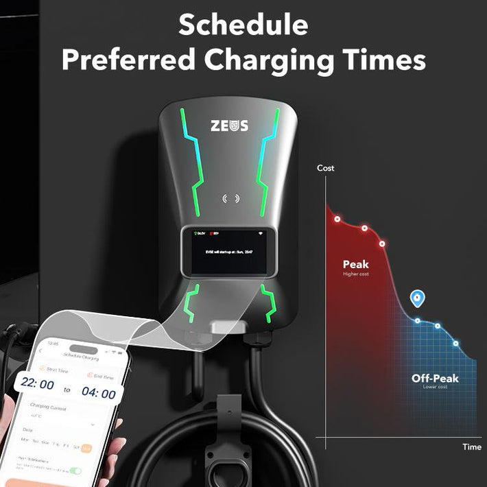 Zeus EV charger controlled via mobile app with schedule charging timer feature for energy efficiency and off-peak usage