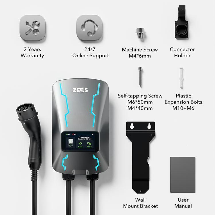 Zeus Prime 7kW EV charger with full wall mount installation kit, user manual, and 24/7 support warranty