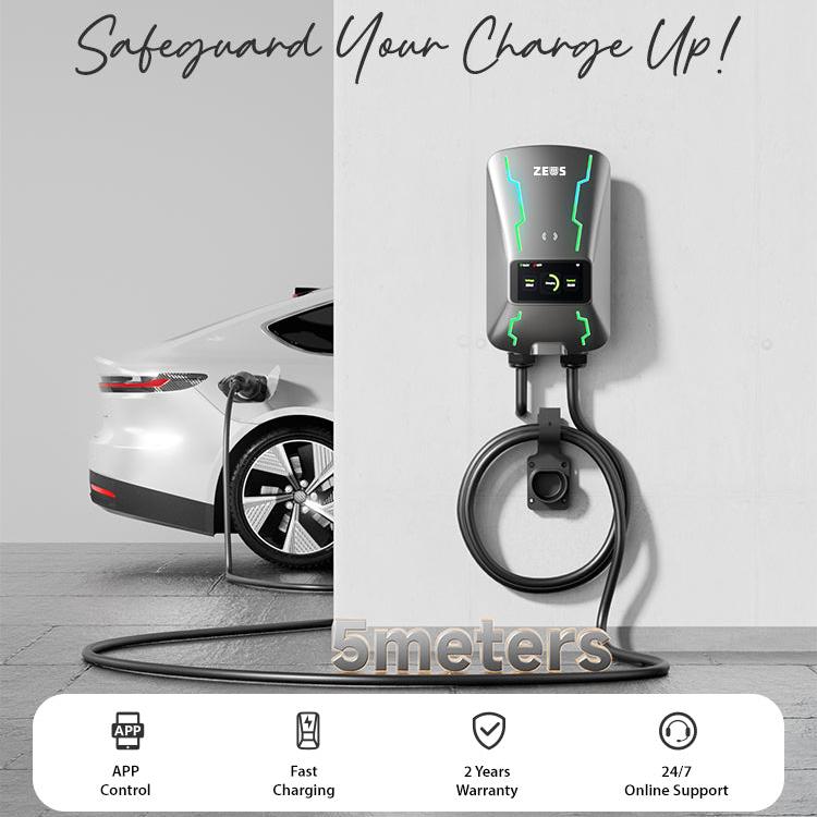 Zeus Prime 7kW EV charger wall-mounted with 5-meter cable, app control, and fast charging features. Car charging beside unit. ZEUS EVS-Safeguard Your Charge Up!