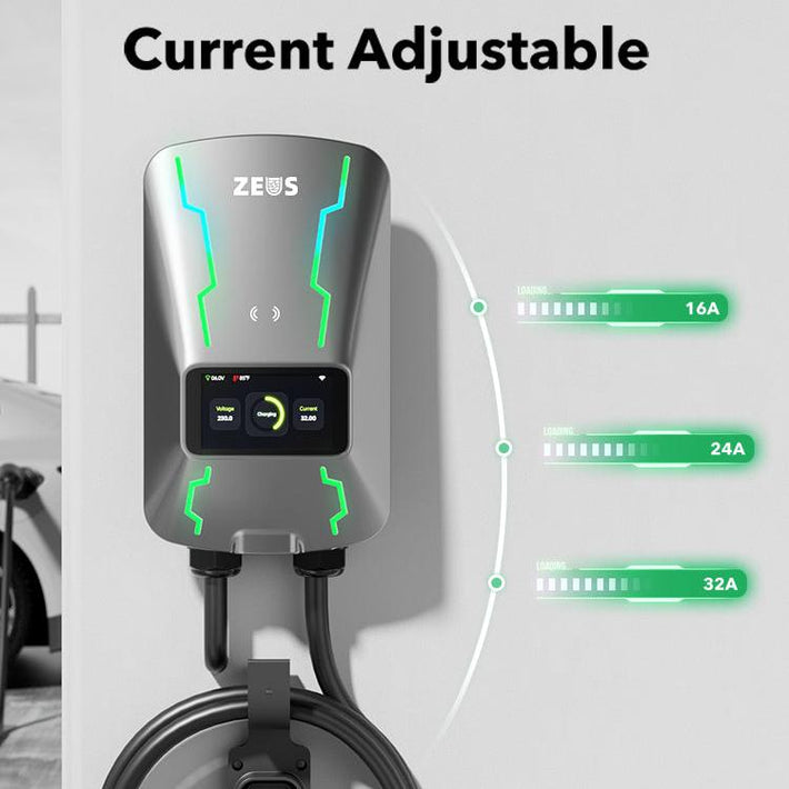 Zeus Prime 7kW EV charger with adjustable charging current settings – 16A, 24A, and 32A options for flexible home installation and energy control