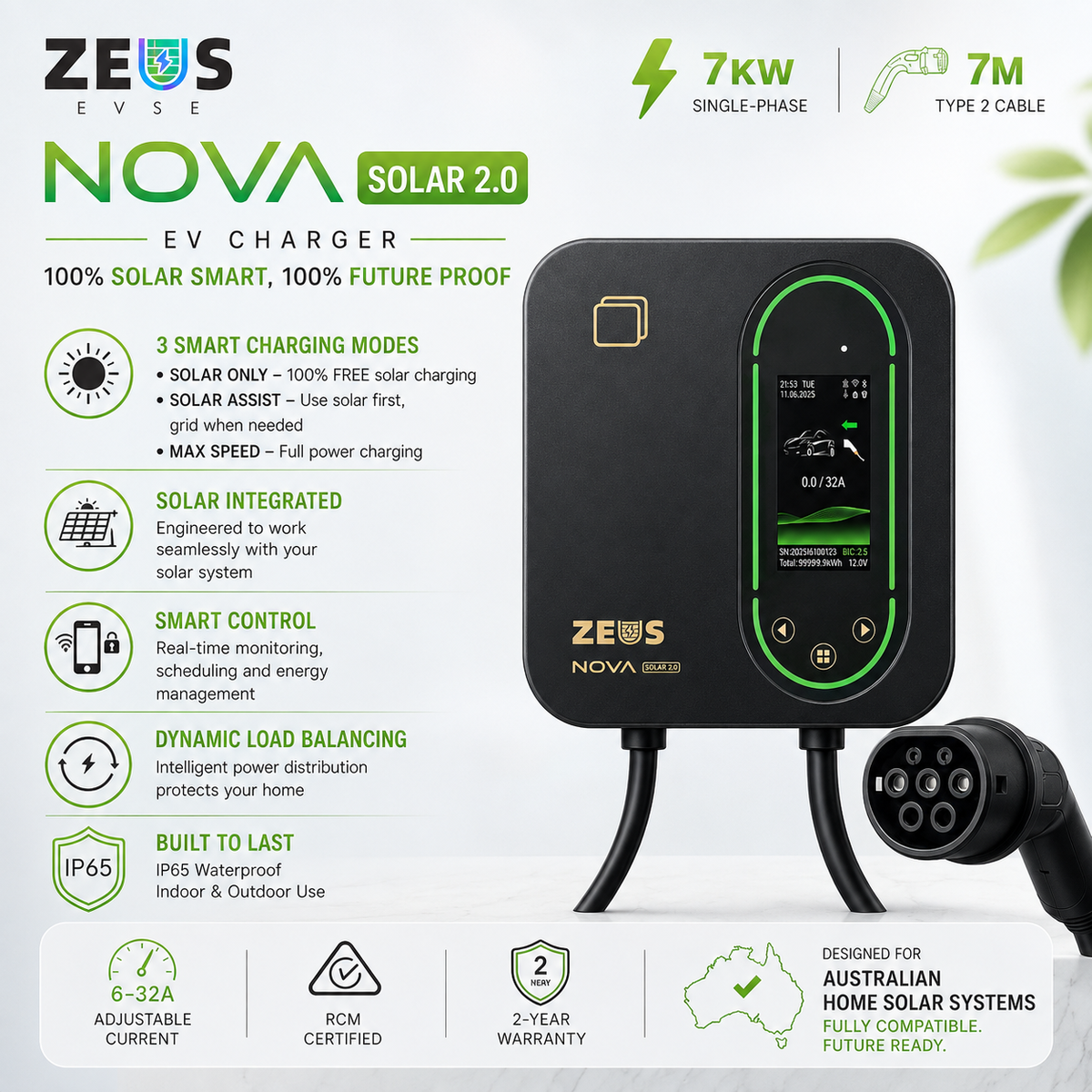 ZEUS Nova Solar 2.0 Smart EV Charger | 7kW OCPP