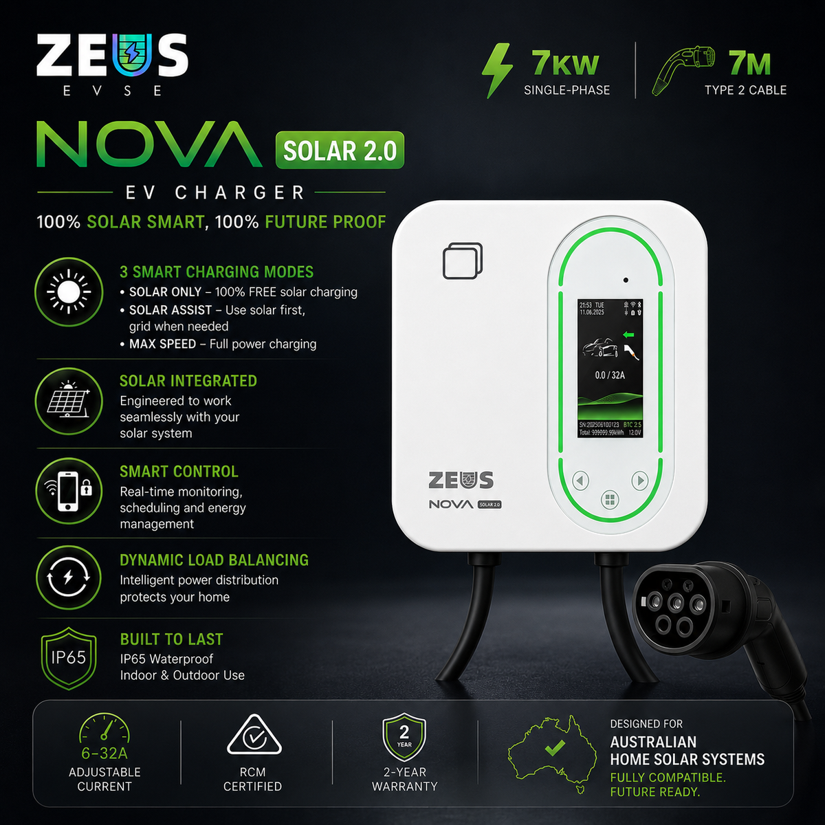 ZEUS Nova Solar 2.0 Smart EV Charger | 7kW OCPP