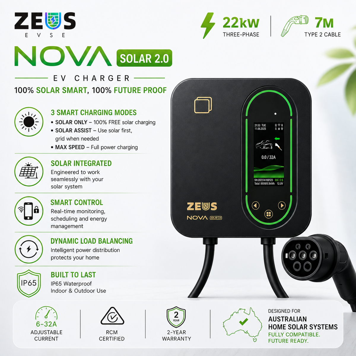 ZEUS Nova Solar 2.0 Smart EV Charger | 22kW OCPP