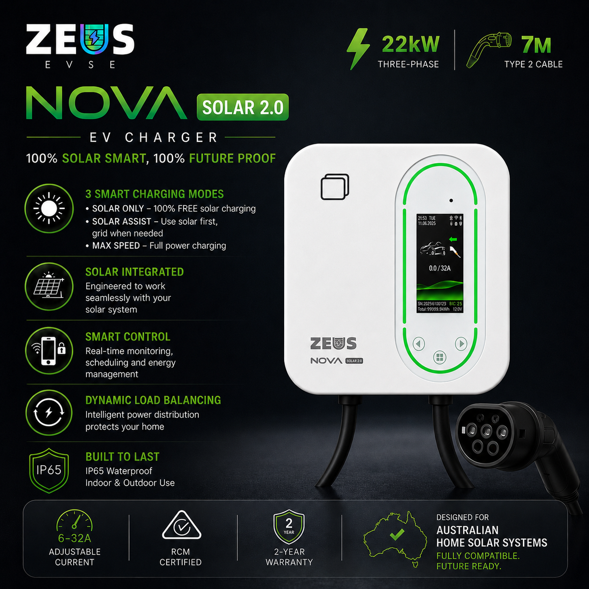 ZEUS Nova Solar 2.0 Smart EV Charger | 22kW OCPP